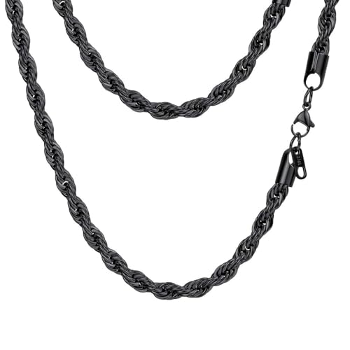 PROSTEEL 3mm/6mm Rope Chain Necklace for Men, Black/Gold Plated Mens Chain Necklace, Stainless Steel Necklace Chain for Men Women, 18"-30", Come with Box