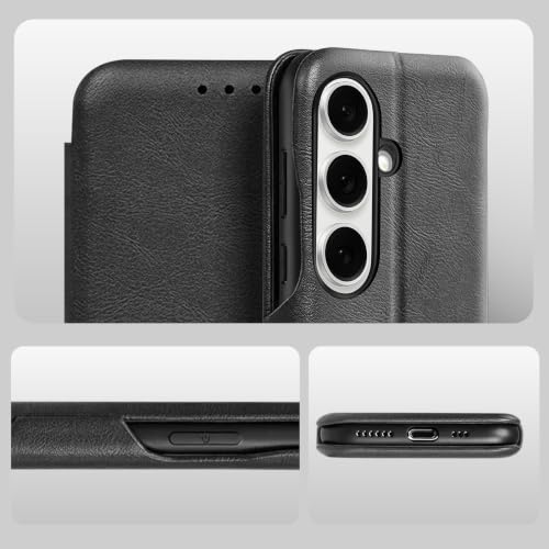 Image of PULOKA for Samsung Galaxy S24 - Sleek Flip Case - Premium Vegan Leather Phone Cover with Card Slot - Slim, Durable, Privacy Protection - Kickstand Function - Elegant Flip Wallet Cases - Black