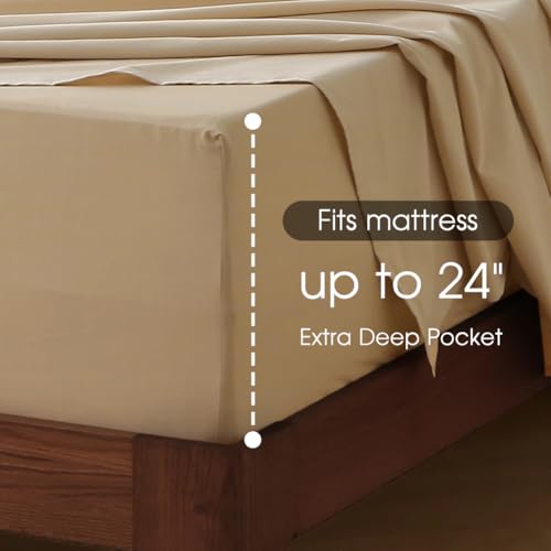 HYPREST Deep Pocket Queen Sheets Beige-100% Cotton Sheet Sets Fits 18"-24" in Deep Mattress, Hotel Luxury Soft Wrinkle Free Cooling Sheet Sets for Queen Bed Deep Pocket