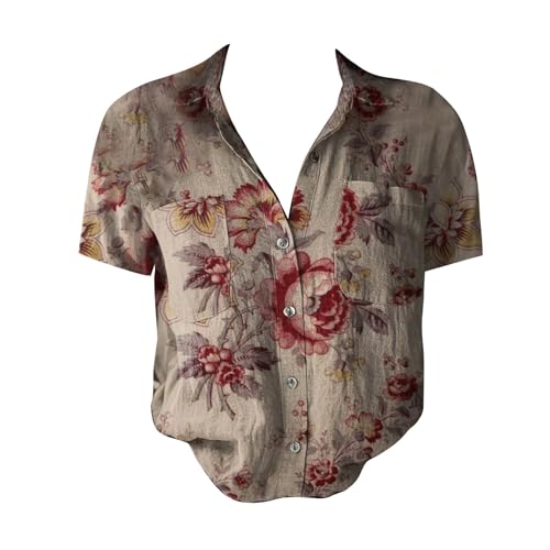Women Gauze Tunic Tops 2025 Women Cotton Shirt Printed V Neck Button Down Shirts Casual Tops Short Sleeve Blouse2