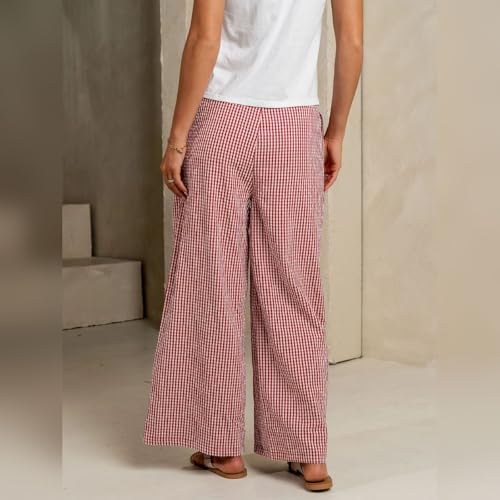 Womens Wide Leg Pants Casual Drawstring High Waisted Plaid Pants Elastic Waist Palazzo Lounge Trousers with Pockets3