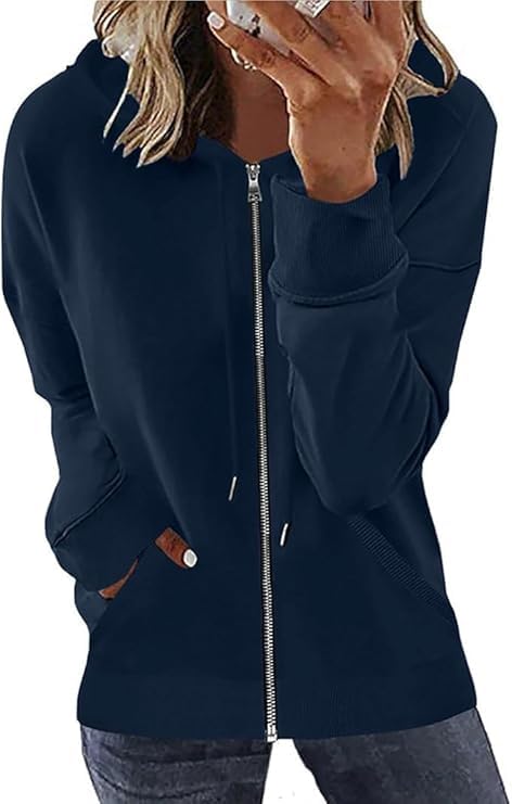 Womens Long Sleeve Open Front Zip Up Hoodies Drawstring Cardigan Hooded Sweatshirt Fashion Sweaters with Pockets