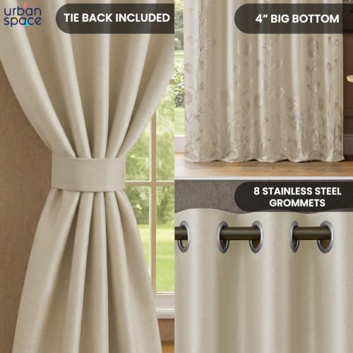 Image of Urban Space 100% True Blackout Curtains for Window, Gold Foil Printed Blackout Curtains, Blackout Decorative Window Curtain Eyelet with Tieback, 1 Piece Curtain for Living Room (Reva Beige, 5 Feet)
