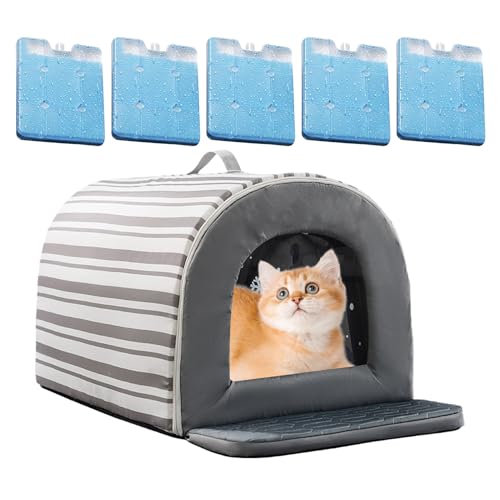 Lit d'extérieur pour chat imperméable et isolant avec bloc fraîcheur intégré