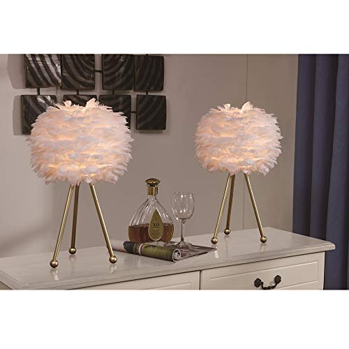 Maxax Tripod Table Lamp Set Of 2, White Feather Bedside Table Lamps, Nightstand Lamp With Gold Finish For Bedrooms/Living Room/Dining Room/Kitchen #TOP6