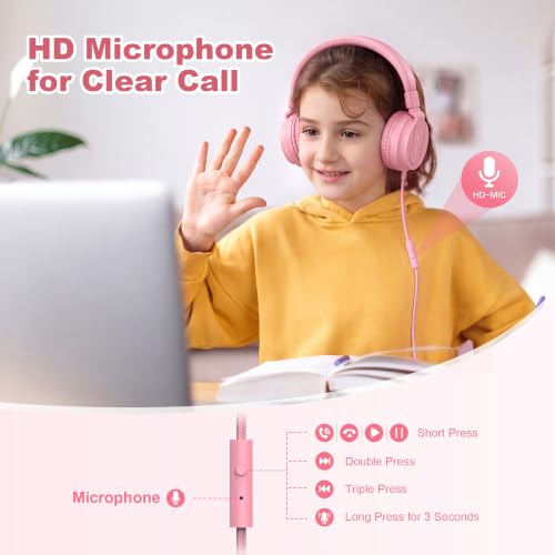 Image of AILIHEN I35 Kids Headphones for School with Mic, 93dB Volume Limited, Pink | Wired On Ear Headphones for Kids Girls, Foldable Lightweight Headphone for Classroom Learning & Entertainment Travel Computer
