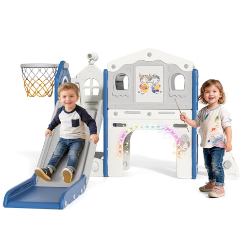 Image of BIERUM 9 in 1 Toddler Slide Set - Baby Slide for Toddlers 1-3 with Colorful Lights, Drawing Board and Building Blocks Board, Indoor Outdoor Toddler Playset Playground, Blue Yellow