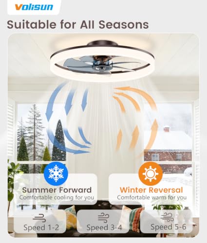 Image of VOLISUN Low Profile Ceiling Fans with Lights and Remote, 24in Fandelier Ceiling Fan Flush Mount, 3000K-6500K Smart Bladeless LED Fan Light, Brown Modern Ceiling Fans with Lights for Bedroom