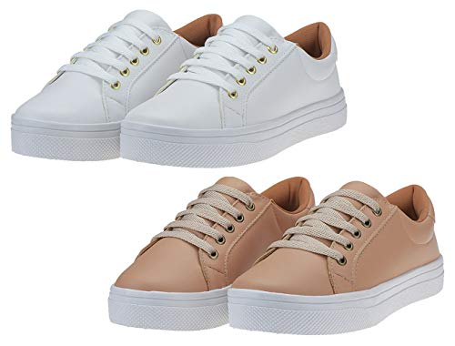 Kit 2 Pares Tênis Feminino Sapatênis Casual Eleganteria Tamanho:37;Cor:Branco e Nude 2