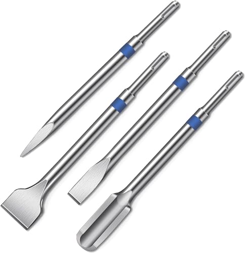 HYCHIKA Jeu de burins SDS Plus, 4pcs comprenant un burin à carrelage de 40mm, un burin plat de 20mm, un burin à canaux de 25mm et un burin pointu pour le carrelage, le...