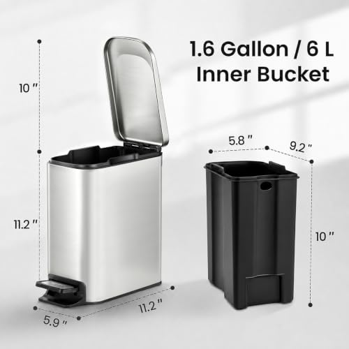 Image of TIPGO Small Bathroom Trash Can with Lid, 1.6 Gal, Soft Close, Silver