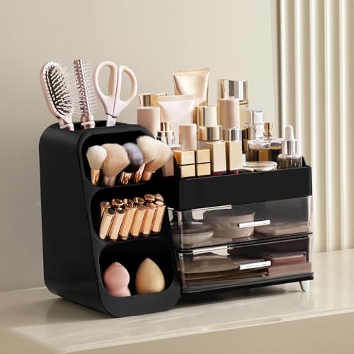 Image of HBlife Cologne Organizer for Men Makeup Organizer with Brush Holder for Vanity, Large Plastic Bathroom Countertop Organizer Skin Care Storage, Fathers Day Gift for Dad Husband, Black