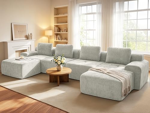 Image of 159 inch U Shaped Oversized Boneless Couch, Comfort Cloud Sectional Couches for Living Room, Modular Sofa High Back & Extra Deep Seat, No Assembly, Soft Chenille(Light Grey, 159 inch-U shaped(4+2))
