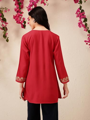 Image of QAZMI Women's Naila Kashmiri Aari Embroidered Viscose Rayon Full Sleeves A-Line Short Kurti