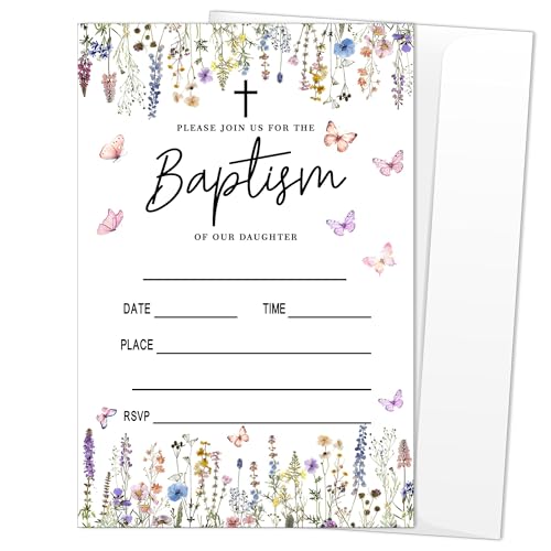 Image of Wildflower Baptism Birthday Invitations for Girls Daughter, 25 Pack Baptism Invitation Cards with Envelopes, Christening Cards for Christening Baby Dedication Religious Celebration, 4" x 6"-A16