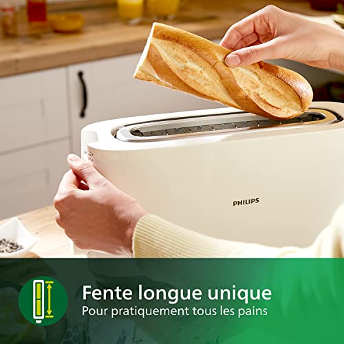 Philips Grille-pain - Fente Grande, 8 Réglages, Réchauffe-Viennoiseries, Décongélation, Parois Froides, Surélévation, Arrêt Automatique, Blanc (HD2590/00)