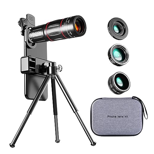 4 in 1 Kameraobjektiv-Set, 28 x Teleobjektiv + 20 x Makro-Linse + 0,6 x Weitwinkelobjektiv + 198° Fisheye, mit Stativ, lustige Fotografie für iPhone, Samsung, Sony und die meisten Smartphones