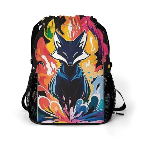 Lightweight Colorful Nine Tailed Fox Art Drawstring Bag for Women, Pull String Bags Easy to Carry, Backpack for Sports Gym Beach Travel