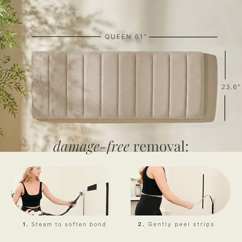 Image of Hearth & Harbor Wall Mounted Queen Headboard Only, Bed Headboard Queen Size | Easy Assemble, Floating Peel and Stick, Upholstered, Channel Stitched, 3D Wall Panels, 5 Strips of 3M Tape Included, Beige