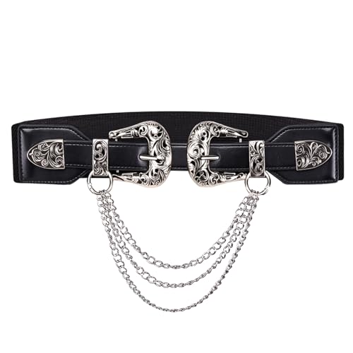 Barry.Wang Womens Belt Silver Black Chain Leather Belts Vintage Western Adjustable Elastic Double Buckle for Cowboy Pant Dress Christmas