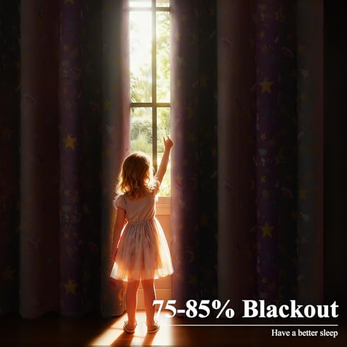Image of Pink Purple Grey Rainbow Blackout Curtains for Girls Bedroom 84 inches Long