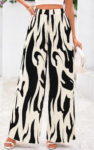 Image of PRETTYGARDEN Womens Pants Dressy Casual Wide Leg Graphic Print Lounge Pants Women Comfy High Waist Pleated Palazzo Pants