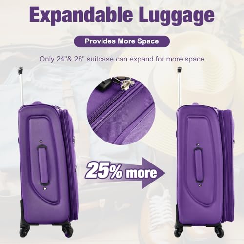 Softside Expandable 3 Piece Luggage Set with Duffel Bag Upright Spinner Lightweight Travel Suitcase Softshell Luggage Sets (Purple + Polyester)2
