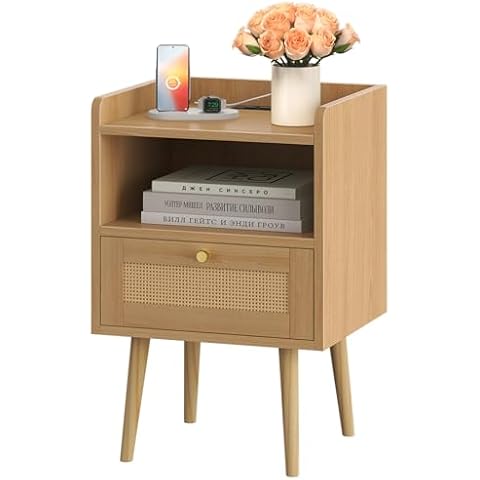 Rattan Nightstand with Charging Station, Mid Century Modern Bed Side Table, Boho End Table with Wood Legs, Bedside Tables for Farmhouse Bedroom Living Room Dorm Sofa Couch Office Corner (Rattan) Cover