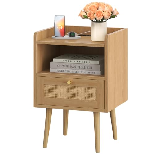 Nightstand Rattan with Charging Station, Mid Century Modern Bed Side