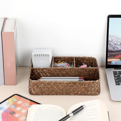 Cesta de mimbre tejida con 4 compartimentos BTSKY para organizar encimeras y estantes de baño 5