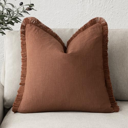 Image of Foindtower Decorative Linen Fringe Throw Pillow Covers Boho Farmhouse Cushion Cover with Tassels Soft Accent Pillowcase for Chair Sofa Bed Living Room Home Decor, 16x16 Inch, 1PC,Fall Rust Orange