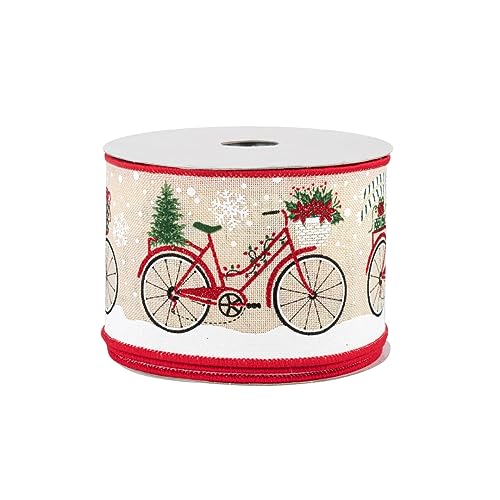 Christmas Bicycle Wired Edge Ribbon - 2 1/2" x 10 Yards, Red Stitched Edges, White Snowflakes, Gifts, Presents, Scarf, Wreath Decor, Garlands, Bows