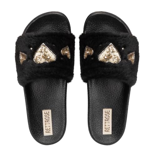 Ella Luxury Handmade Women’s Sliders – Faux Fur Plush Black Slippers with Diamanté Heart Embellishment, Comfortable Rubber Sole