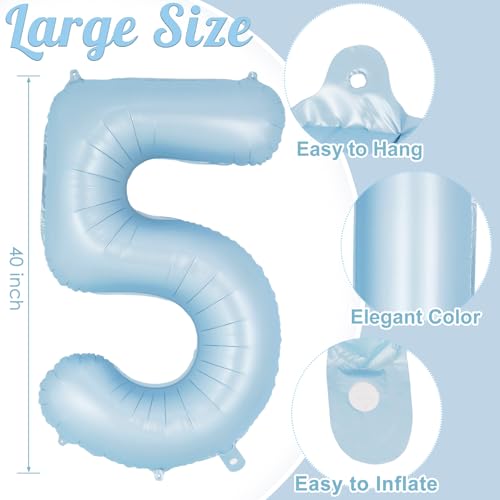 Image of Light Blue Number 5 Balloon, 40 Inch Big Large Foil Number Balloons, Giant Mylar Number 5 Balloons for 5 Year old Birthday Baby Party Decorations Supplies Anniversary