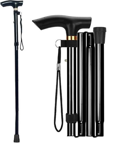 Folding Walking Stick, Adjustable Walking Cane for Elderly Disabled Men & Women–Non-Slip Rubber Tip Ergonomic Handle & Travel Walking Cane, Black