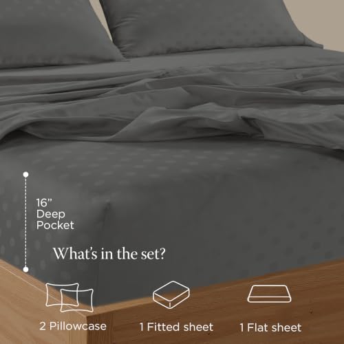 Image of Threadmill 300TC Cotton Full Sheet Set, Sateen, Jacquard, Dark Grey | 100% Cotton, Sateen Weave, Jacquard Pattern, 4-Piece Set, 16 inch Deep Pocket, Cooling, OEKO-TEX Certified, Machine Washable