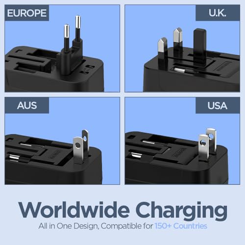 Image of UNIGEN Universal Travel Adapter with Multiple Plug Pins | Worldwide Charger Adaptor Plug for US, UK, EU, AUS with Surge Protection | All-in-One International Power Converter - Black