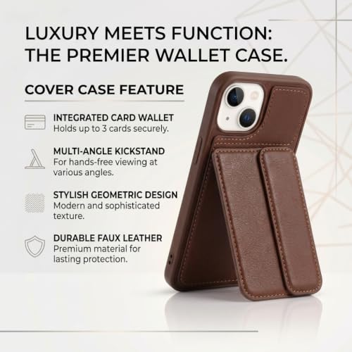 Image of amazon basics Luxury Vegan Leather Back Cover for iPhone 12 | Built-in Card Holder Slot | Integrated Mobile Stand | Slim Shockproof Protective Case with Stitched Finish - Brown