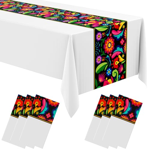 Oudain 6 Pcs Fiesta Tablecloth 108 x 54 Inch Plastic Tablecover Mexican Waterproof Tablecloth Disposable Table Cover for Taco Night Festive Mexican Fiesta Wedding Party Decoration (White)