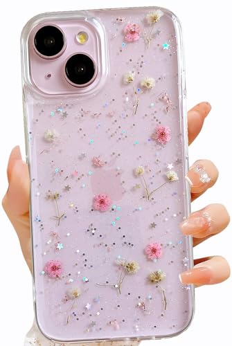 LSEEKA for iPhone 15 / iPhone 14/ iPhone 13 Clear Case with Pressed Real Flowers Design,Glitter Cute Pink Floral Pattern Soft TPU Protective Women Girl's Phone Cover for iPhone 13/14/15