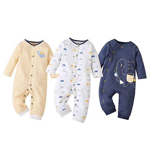 amropi Pack de 3 Mono Bebé Niñas Niños Peleles Mameluco de Manga Larga Pijama, 6 9 Meses,Amarillo/Blanco/Marino
