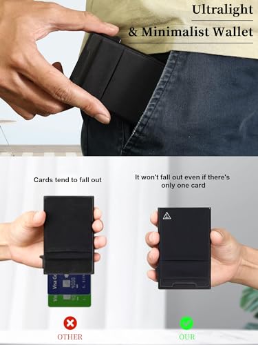 Image of TOYFID Slim RFID Blocking Wallets,Pop Up Minimalist Card Holder for Men & Women Metal Thin Front Pocket Wallet Credit Card Holder with Elastic Coin Pocket,6-12 Card Capacity,Black