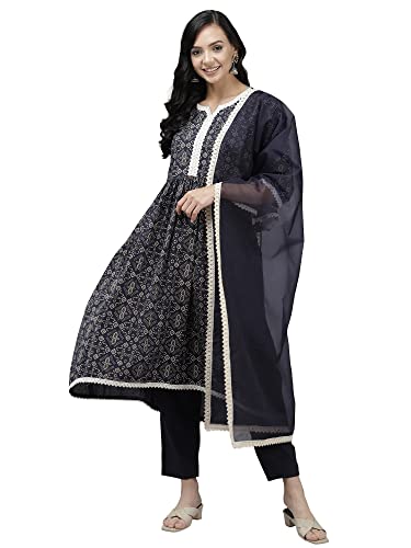 Image of INDO ERA Women's Cotton Blend Bandhni Flared Kurta Palazzo With Dupatta Set (KH0NB4085)