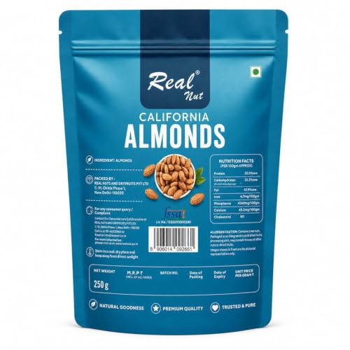 Image of RealNut Plain California Almonds 250g | Premium Badam Whole | Natural Unroasted & Unsalted Almonds | Healthy Protein Rich Dry Fruits Snack | Crunchy Almond Kernels