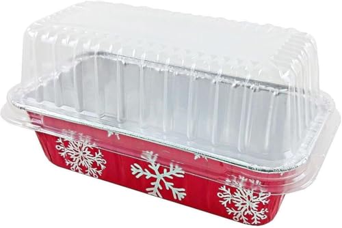 PACTOGO 2 lb. Red Holiday Christmas Snowflake Aluminum Foil Standard Loaf/Bread Baking Pans with Clear High Dome Lids (Pack of 12 Sets)