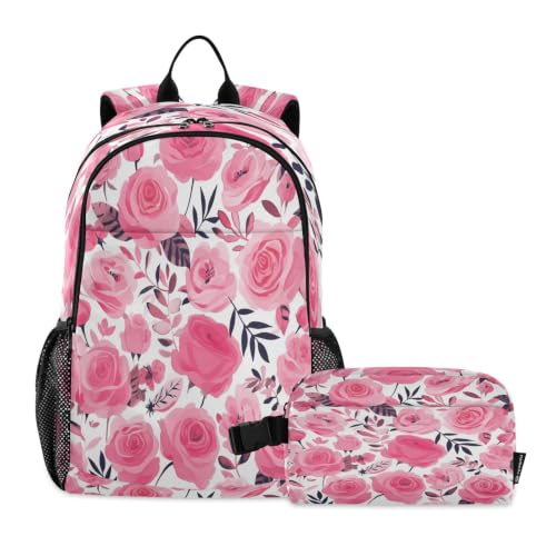 Sac à dos étudiant fleur rose résistant et sac repas isotherme