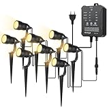 【Capteur de lumière et fonctions de minuterie】 Transformateur avec capteur de lumière intégré, s'allume automatiquement à la tombée de la nuit et s'éteint à l'aube. Appuyez sur le bouton de minuterie pour régler un compte à rebours de 2/3/4/5/6/8/10/12 heures. L'éclairage s'éteint automatiquement à la fin du temps préréglé, ce qui est idéal pour une utilisation prolongée pendant la nuit.