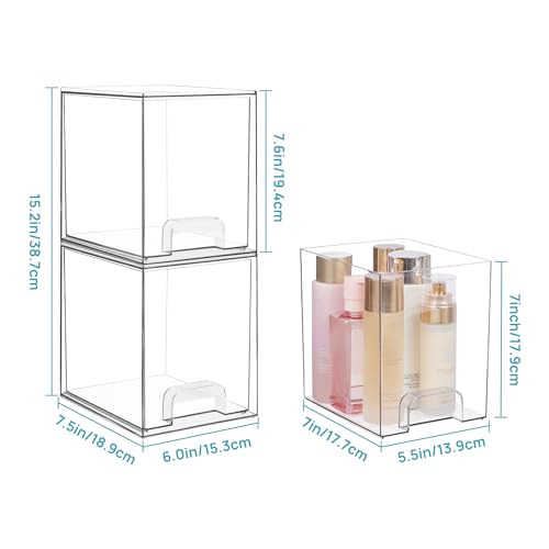 Image of Vtopmart 7.6 inch H Clear Stackable Storage Drawers, 2 Pack Plastic Organizers Bins for Skincare, Cosmetics,Beauty Supplies,Ideal for Vanity, Bathroom,Kitchen Countertop,Cabinet Organization
