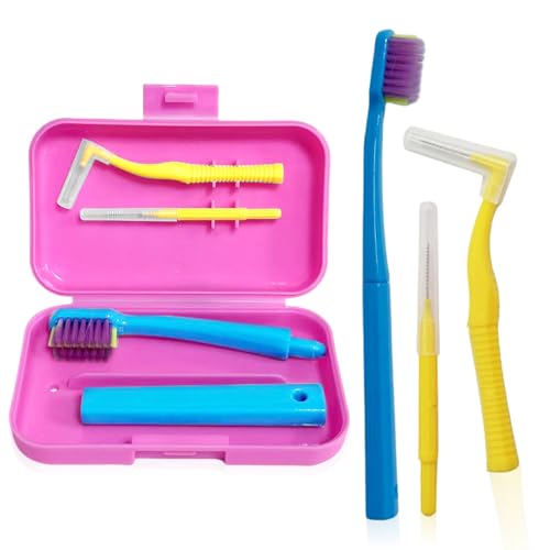 3-Pack Dental Care Kit - Angled Orthodontic Toothbrush, Interdental Brush, and Standard Toothbrush with Travel Case, Soft Bristles for Braces and Teeth Cleaning