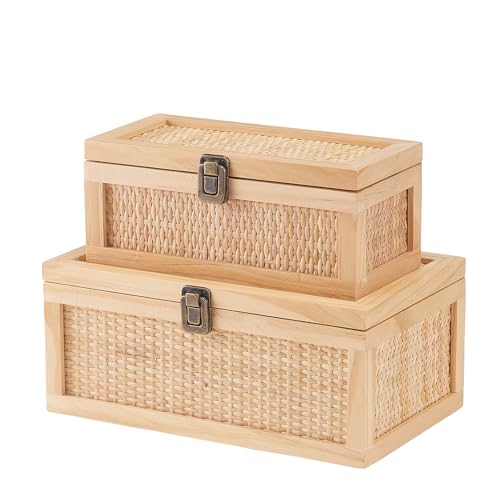 HuiDao Rattan Decorative Boxes with Lids Boho Decorative Box Set of 2 Rustic Farmhouse Keepsake Box Memory Box for Keepsakes Stackable Decorative Box for Shelf & Home Decor